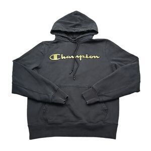 Champion Sweatshirt Mens M Black Long Sleeve Front Pocket Graphic Print Hoodie